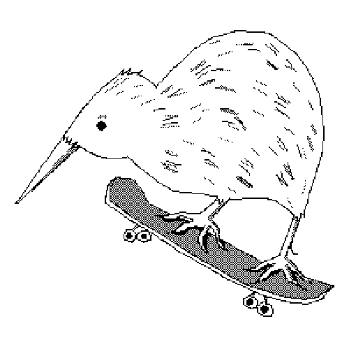 A small kiwi riding a skateboard.