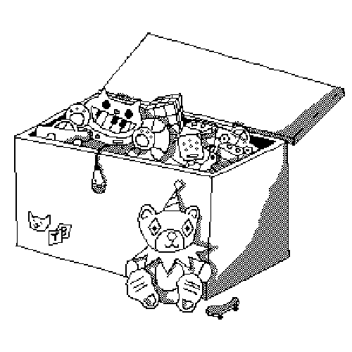 A box full of toys, a teddy bear is rested against the box.